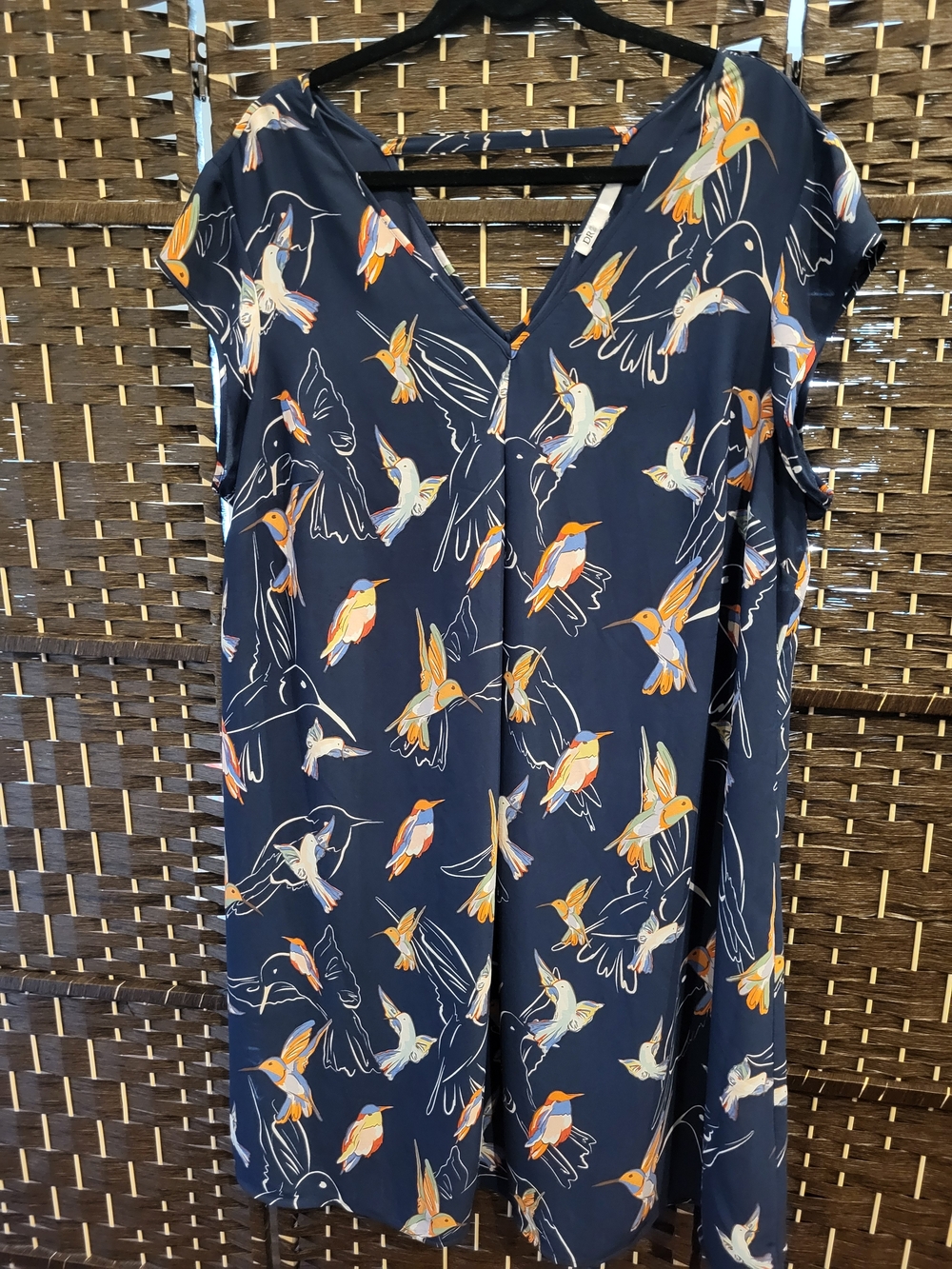 Navy Hummingbird Print V-Neck Dress